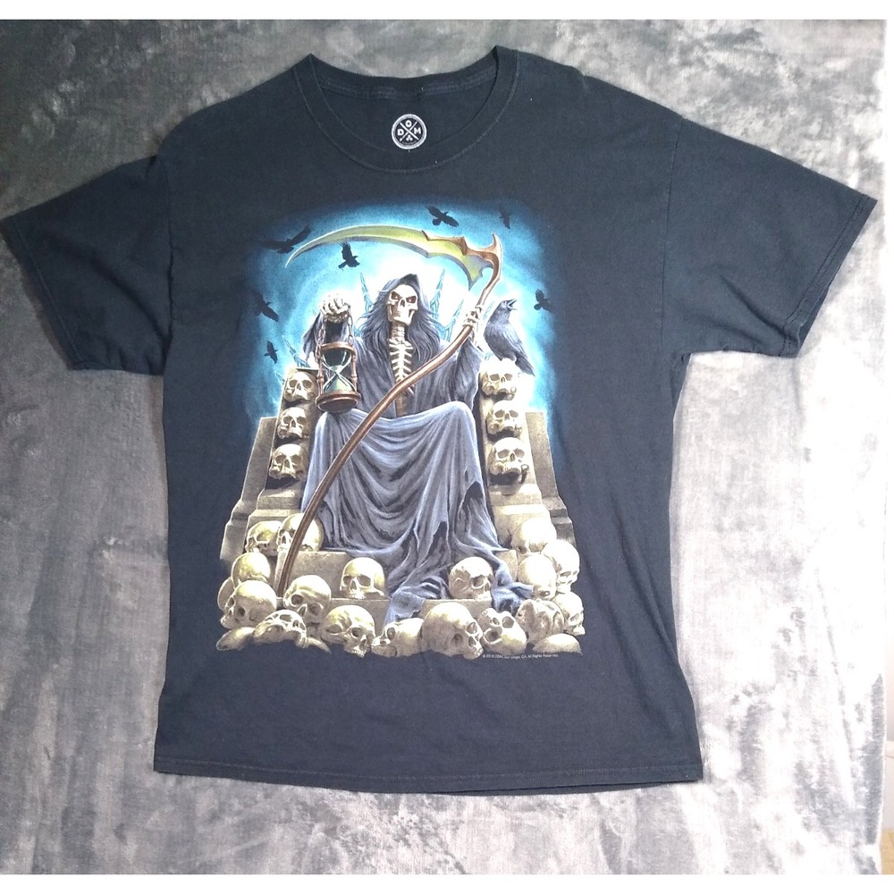 ODM Skull Reaper on Skull Throne Halloween Black T-Shirt Adult L Metal Gothic